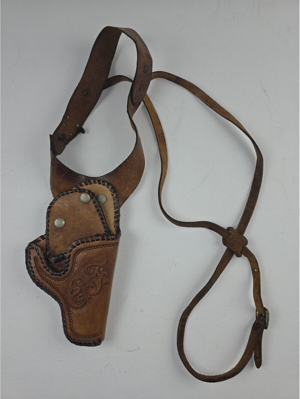 Vtg Tooled Leather Shoulder Strap Pistol Gun Holster Rig ~ Initials E.F.